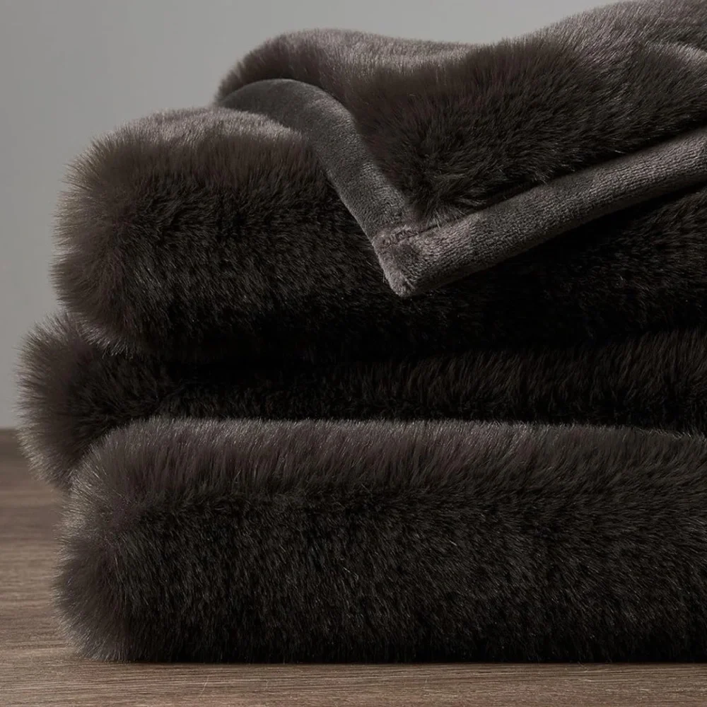 🆕 PB Style Dark Brown Faux Mink Rabbit Fur Throw Velvet Backing XL Quilt Bed